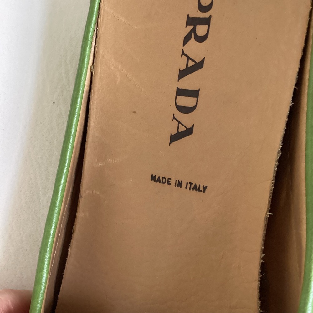 Prada Leather Pistachio Green Silver Plate Logo Mules SZ 6 - Picture 7 of 11